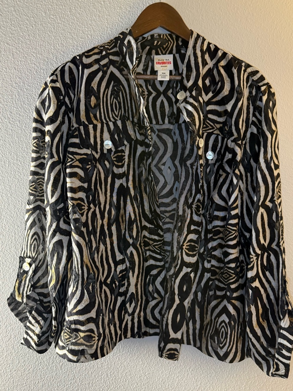Ruby Rd. Black and Ivory Abstract Animal Print Blouse